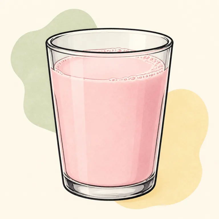 Hand-drawn editorial illustration of Strawberry milk, whole.