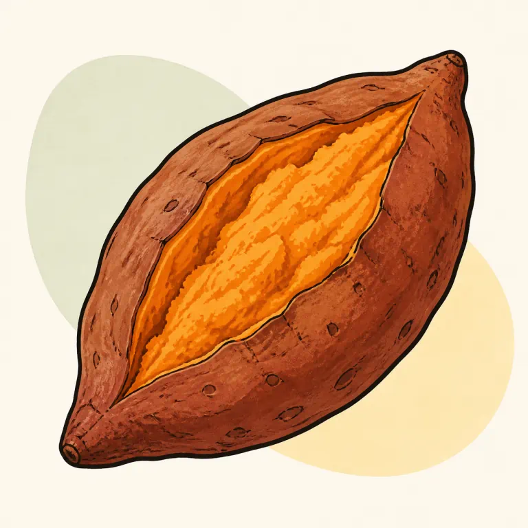 Hand-drawn editorial illustration of Sweet potato, baked, no added fat.