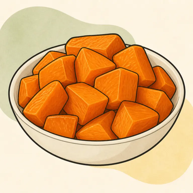Hand-drawn editorial illustration of Sweet potato, canned, no added fat.