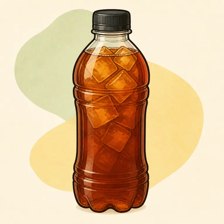 Hand-drawn editorial illustration of Tea, iced, bottled, black, unsweetened.