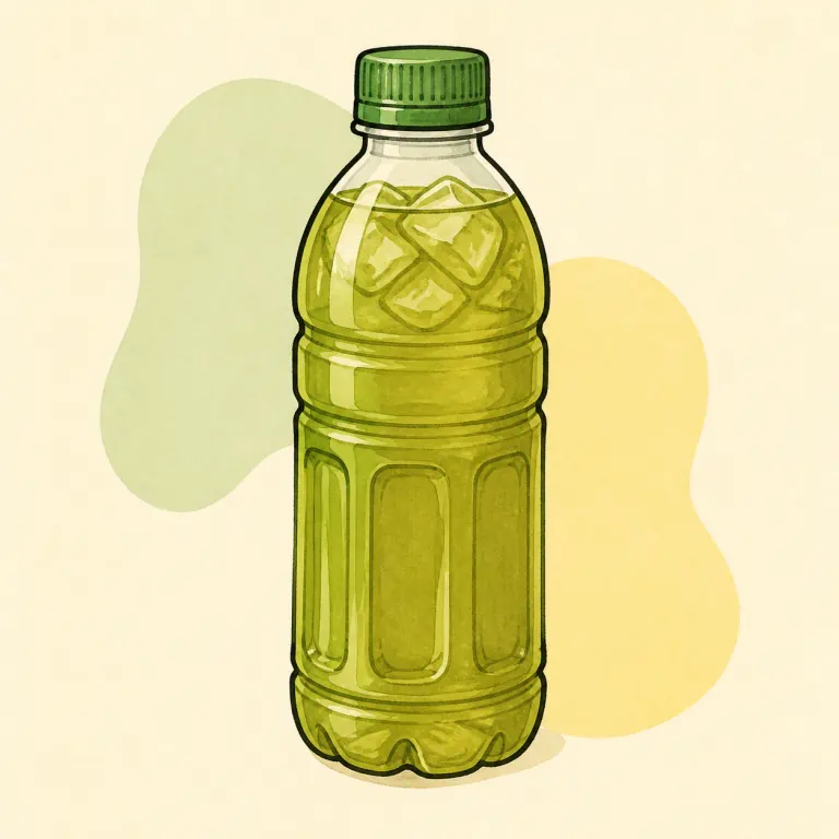 Hand-drawn editorial illustration of Tea, iced, bottled, green, unsweetened.