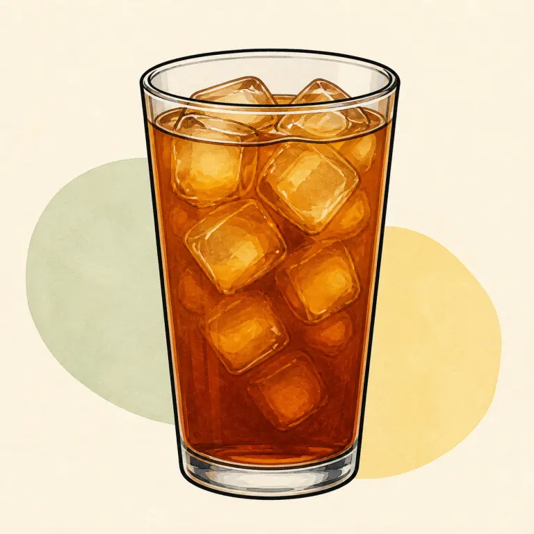 Hand-drawn editorial illustration of Tea, iced, brewed, black, decaffeinated, unsweetened.