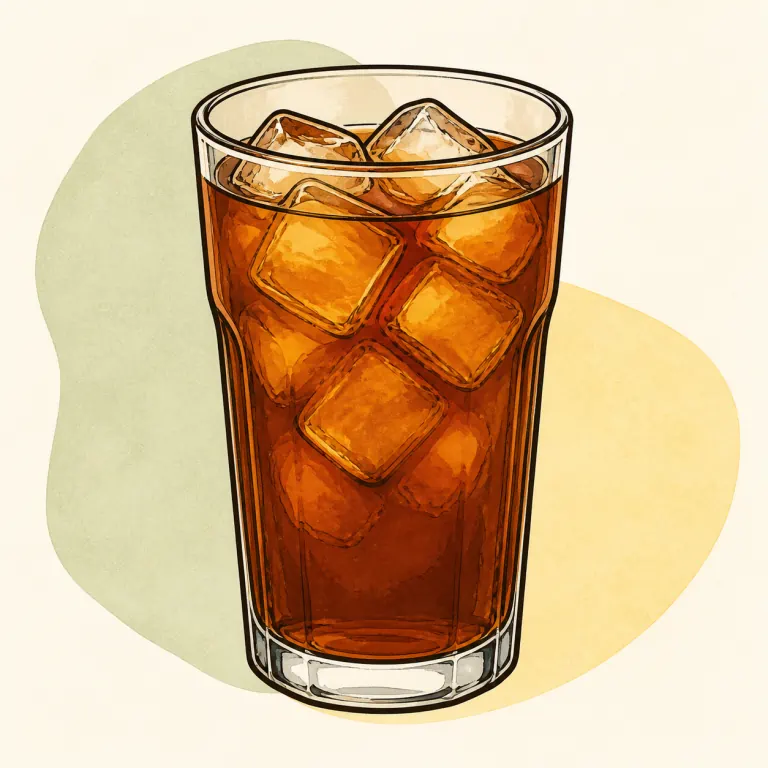 Hand-drawn editorial illustration of Tea, iced, brewed, black, unsweetened.