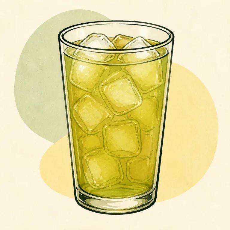 Hand-drawn editorial illustration of Tea, iced, brewed, green, decaffeinated, unsweetened.