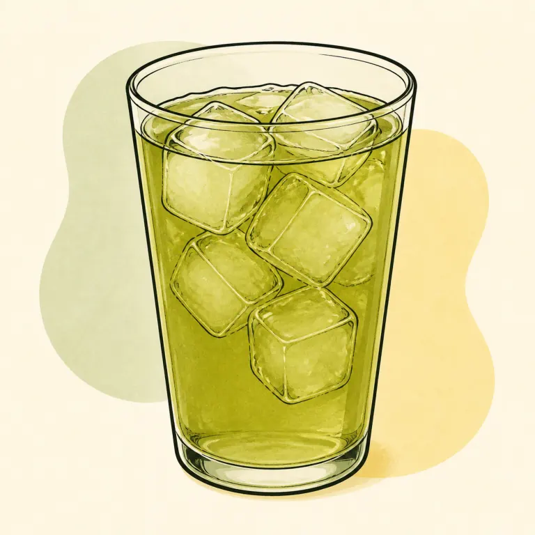 Hand-drawn editorial illustration of Tea, iced, brewed, green, unsweetened.