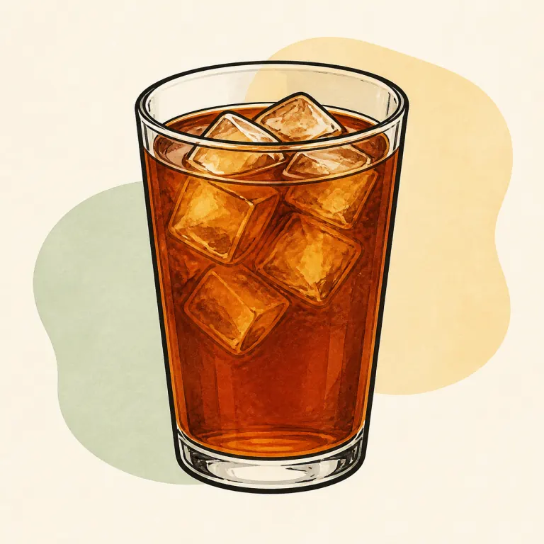 Hand-drawn editorial illustration of Tea, iced, instant, black, unsweetened.