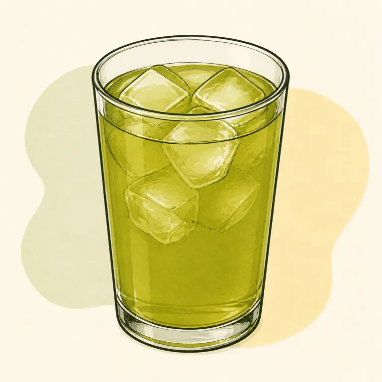 Hand-drawn editorial illustration of Tea, iced, instant, green, unsweetened.