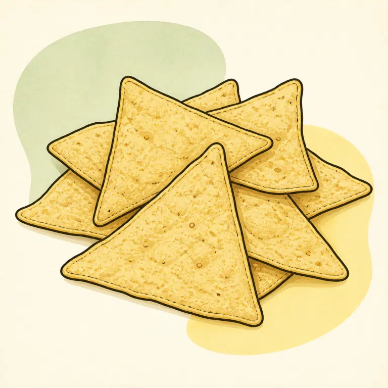 Hand-drawn editorial illustration of Tortilla chips, reduced fat, plain.