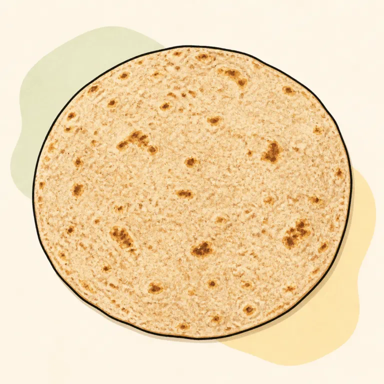 Hand-drawn editorial illustration of Tortilla, whole wheat.