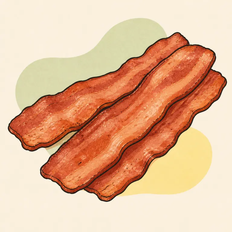 Hand-drawn editorial illustration of Turkey bacon, cooked.