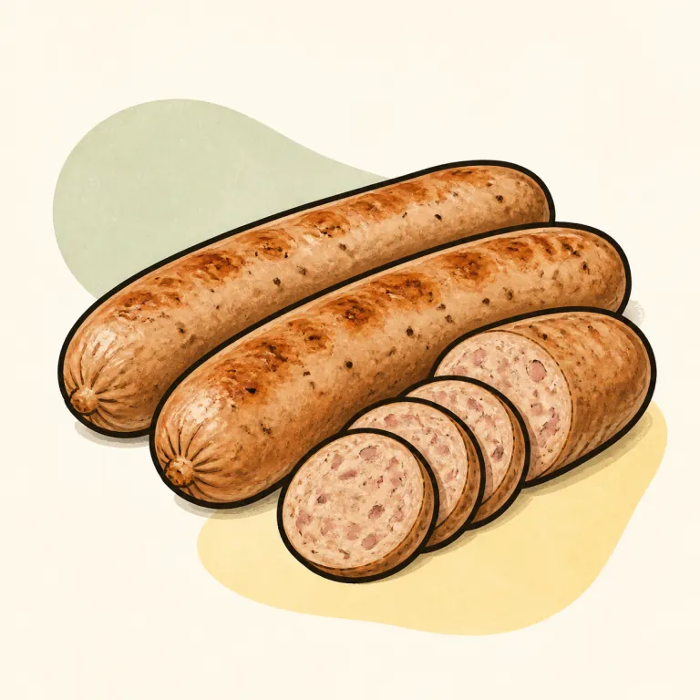 Hand-drawn editorial illustration of Turkey or chicken and pork sausage.