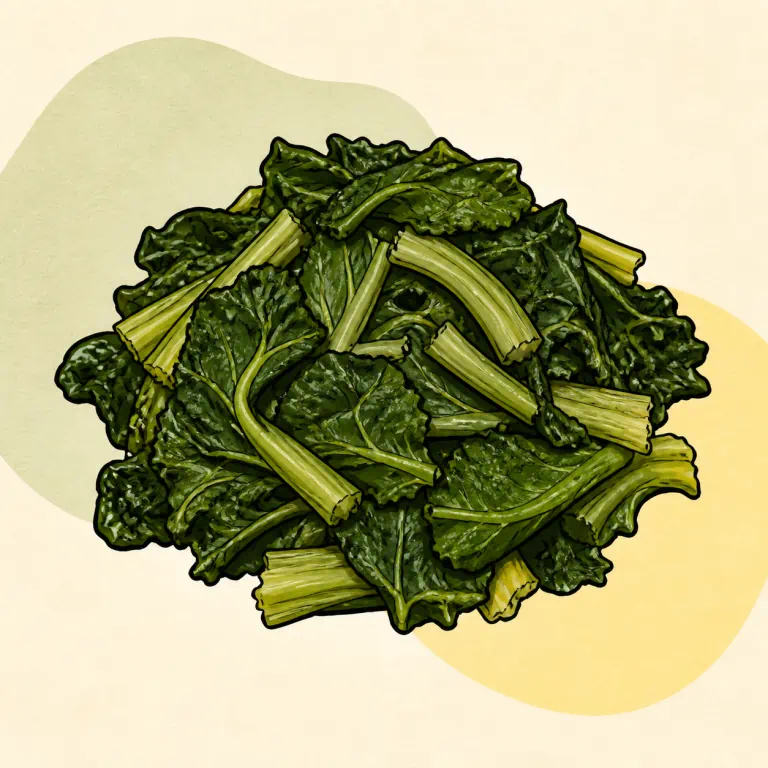 Hand-drawn editorial illustration of Turnip greens, fresh, cooked, no added fat.