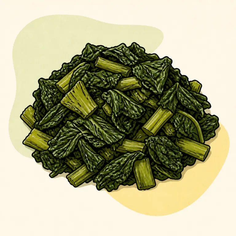 Hand-drawn editorial illustration of Turnip greens, frozen, cooked, no added fat.