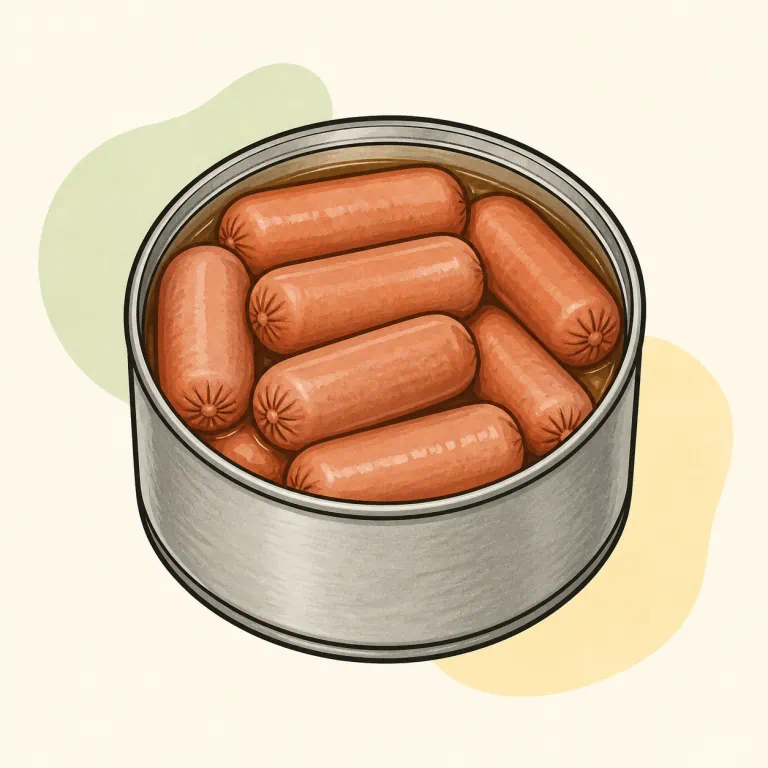 Hand-drawn editorial illustration of Vienna sausage, canned.