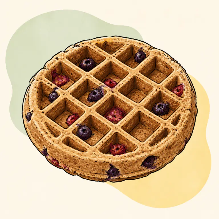 Hand-drawn editorial illustration of Waffle, whole grain, fruit, frozen.