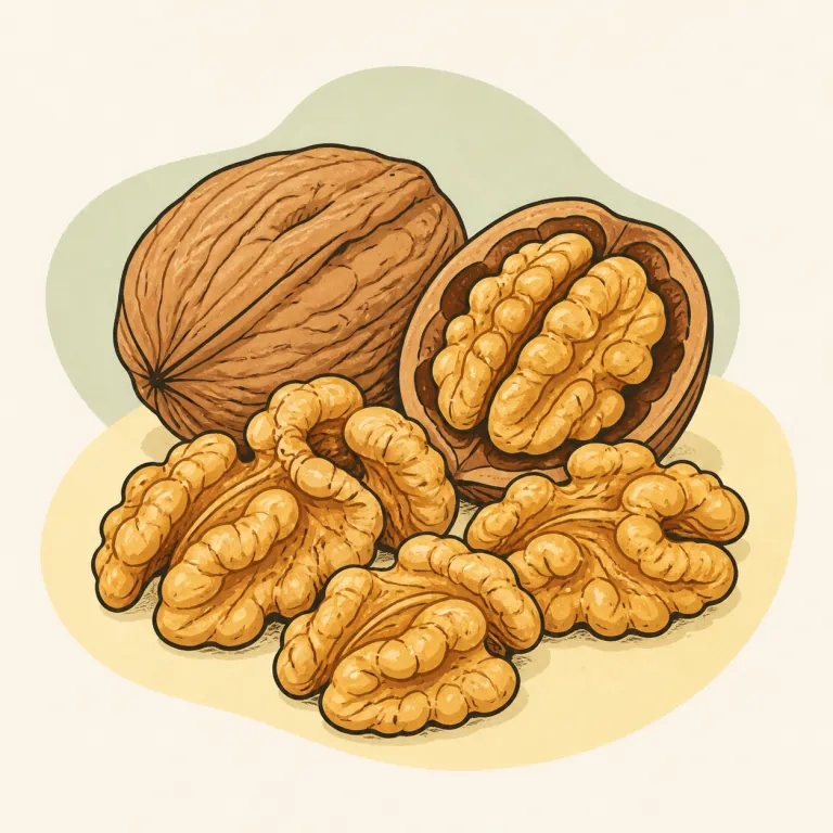 Hand-drawn editorial illustration of Walnuts, excluding honey roasted.