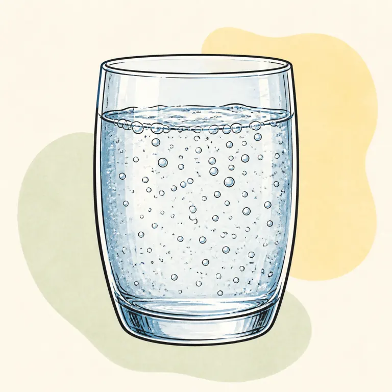 Hand-drawn editorial illustration of Water, carbonated, plain.