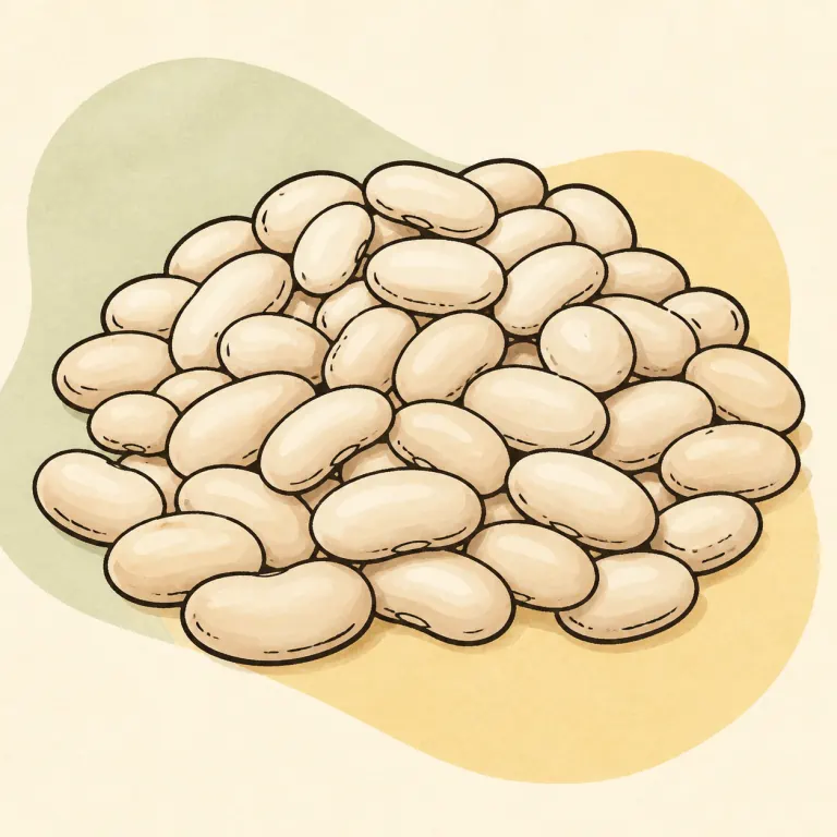 Hand-drawn editorial illustration of White beans, from canned, no added fat.