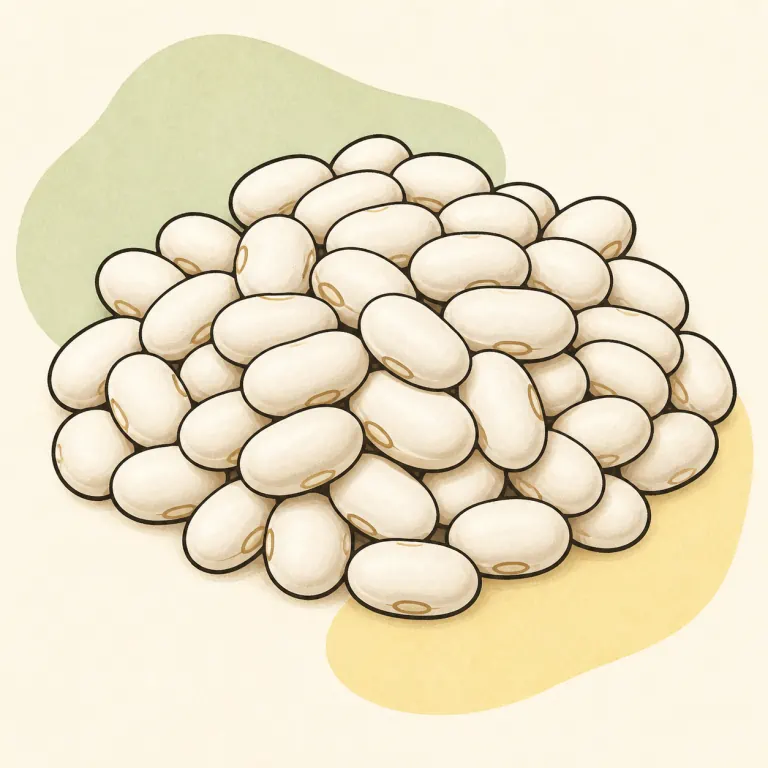 Hand-drawn editorial illustration of White beans, from dried, no added fat.