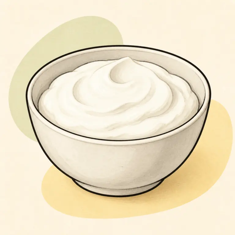 Hand-drawn editorial illustration of Yogurt, Greek, nonfat milk, plain.