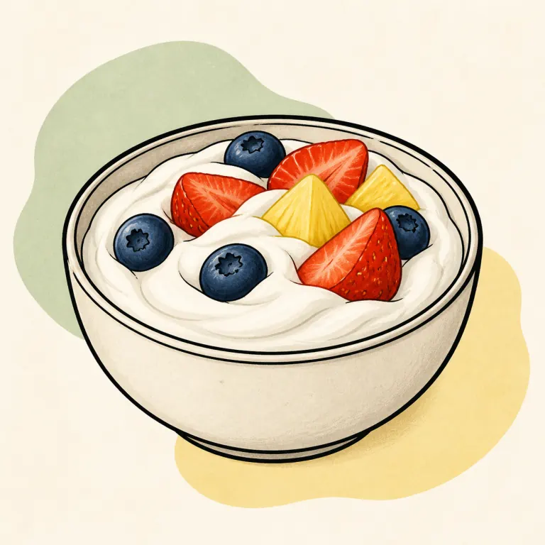 Hand-drawn editorial illustration of Yogurt, Greek, whole milk, fruit.