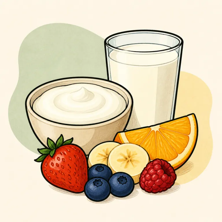 Hand-drawn editorial illustration of Yogurt, whole milk, fruit.